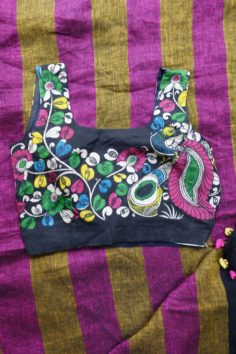Black Linen Mix Sari With Blouse To Fit 37 Bust - New