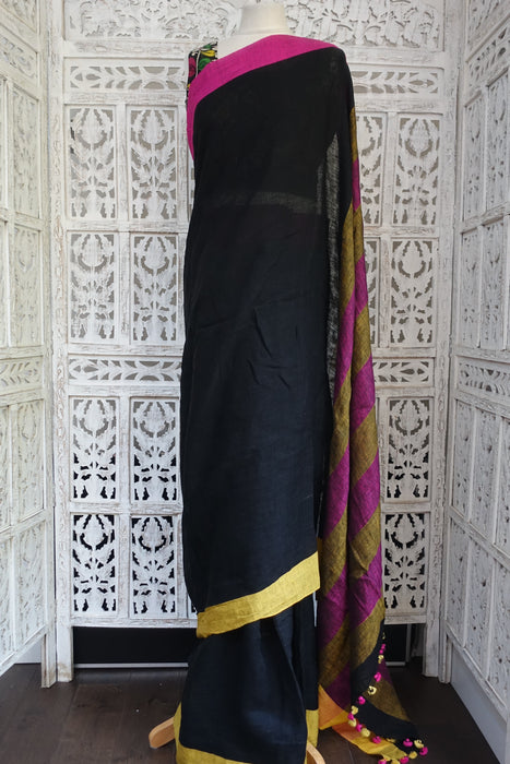 Black Linen Mix Sari With Blouse To Fit 37 Bust - New