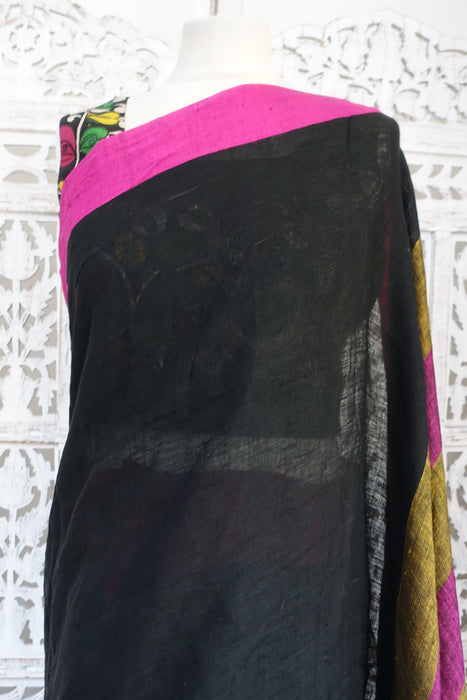 Black Linen Mix Sari With Blouse To Fit 37 Bust - New