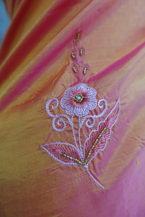 Peach Vintage Pure Silk Brand Sari - New