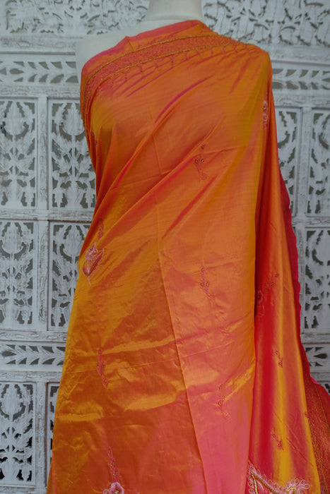 Peach Vintage Pure Silk Brand Sari - New