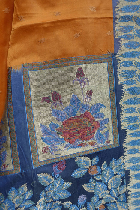 Peach And Blue Vintage Silk Sari - New