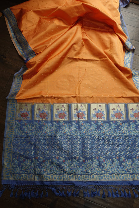Peach And Blue Vintage Silk Sari - New