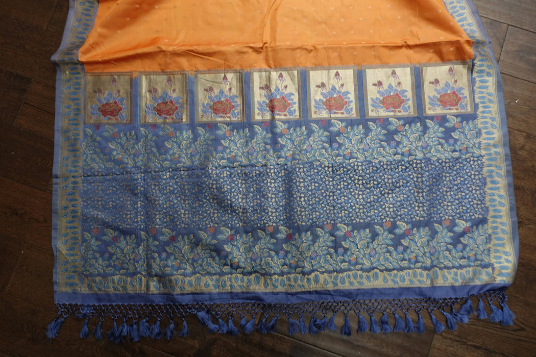 Peach And Blue Vintage Silk Sari - New