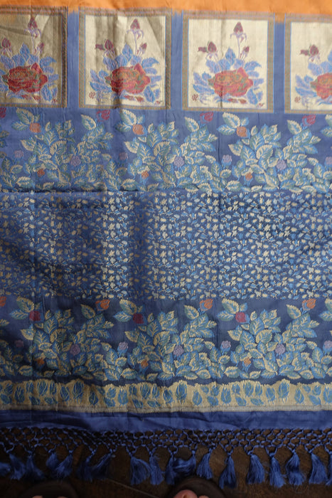 Peach And Blue Vintage Silk Sari - New