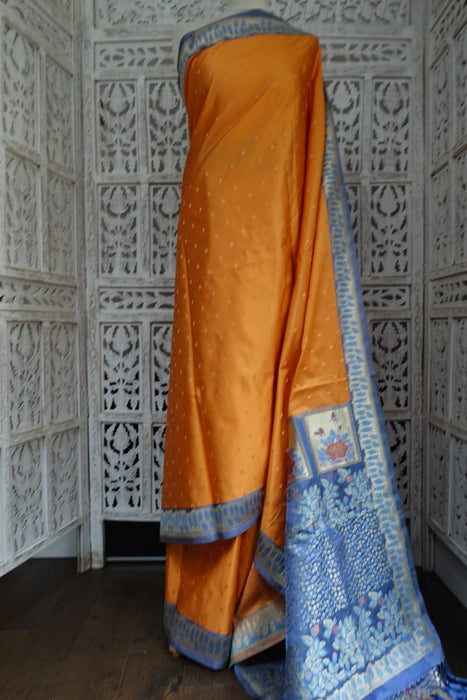 Peach And Blue Vintage Silk Sari - New