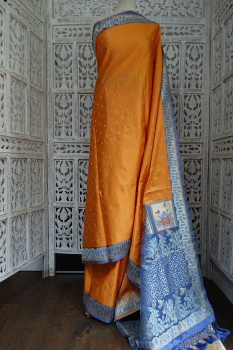 Peach And Blue Vintage Silk Sari - New