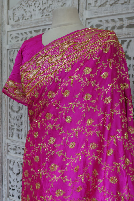 Hot Pink Vintage Embellished Wedding Sari With Blouse To Fit 36 Bust - Preloved
