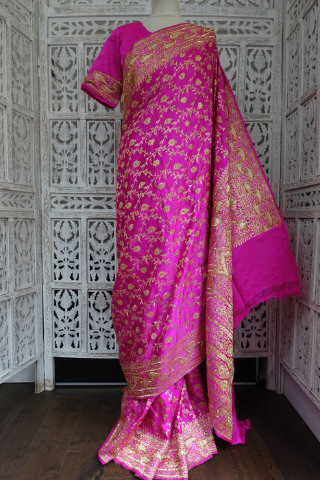 Hot Pink Vintage Embellished Wedding Sari With Blouse To Fit 36 Bust - Preloved