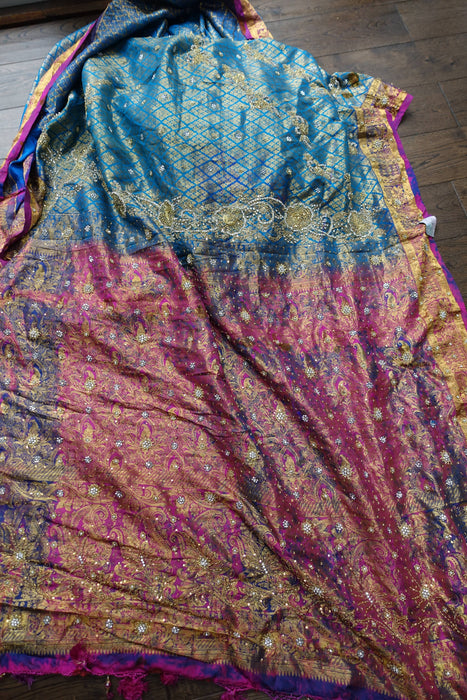 Blue Brocade Sari - New With Defects
