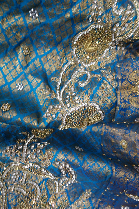 Blue Brocade Sari - New With Defects