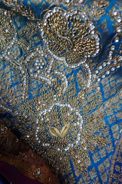 Blue Brocade Sari - New With Defects