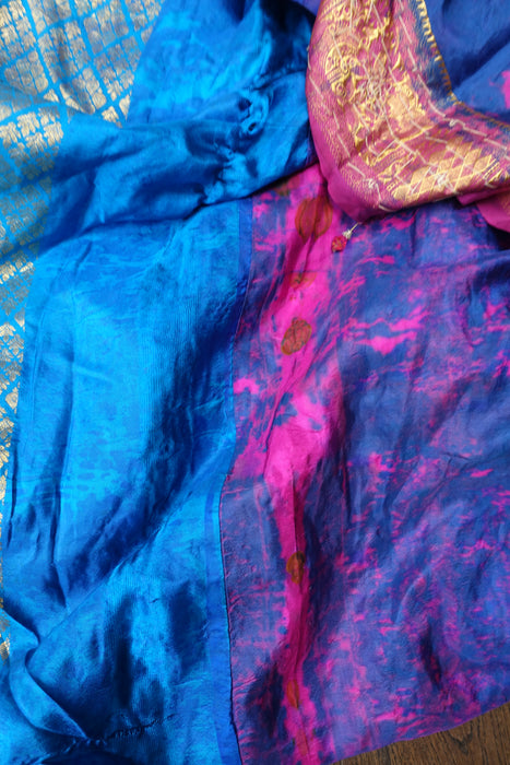 Blue Brocade Sari - New With Defects
