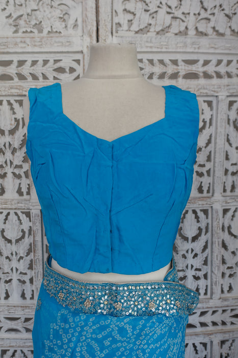 Blue Bandhani Sari With Blouse To Fit 36 Bust - New
