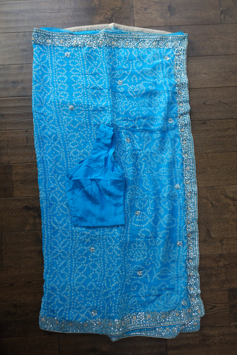 Blue Bandhani Sari With Blouse To Fit 36 Bust - New