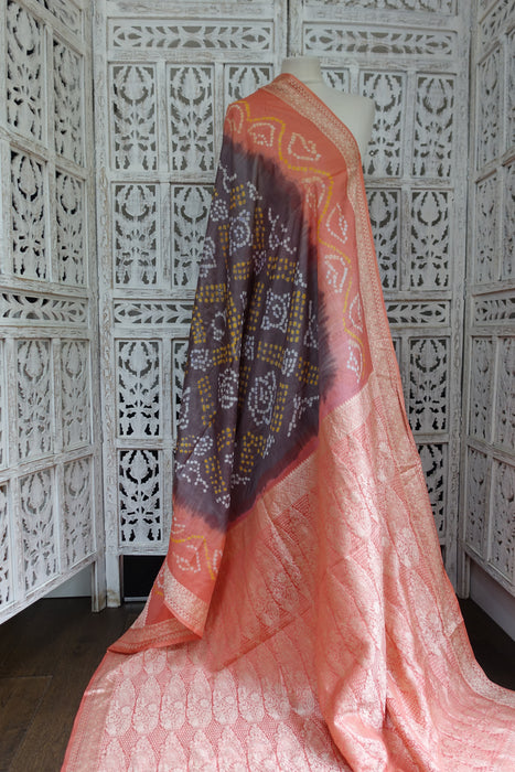 Caramel And Peach Bandhani Silk Sari - New