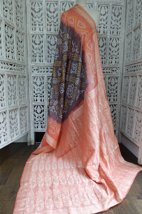 Caramel And Peach Bandhani Silk Sari - New