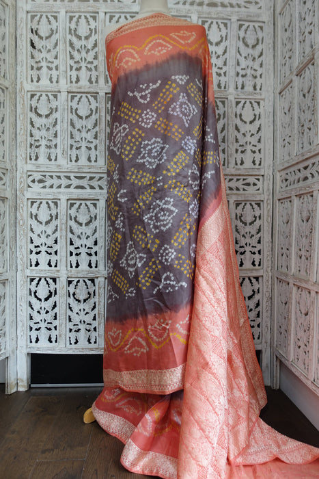 Caramel And Peach Bandhani Silk Sari - New