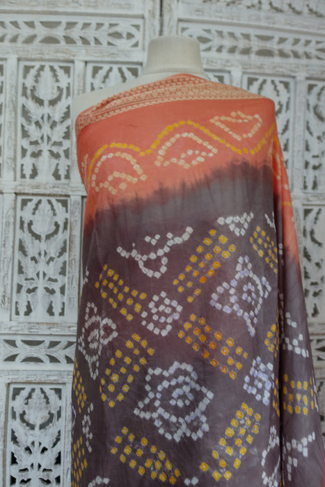 Caramel And Peach Bandhani Silk Sari - New