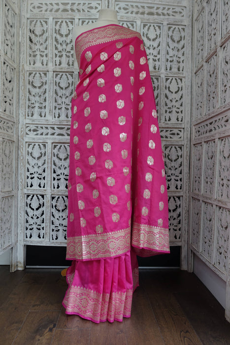 Bright Pink Silk Blend Banarsi Sari - New