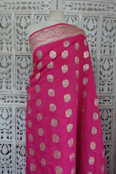 Bright Pink Silk Blend Banarsi Sari - New