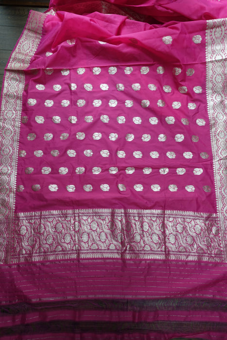 Bright Pink Silk Blend Banarsi Sari - New