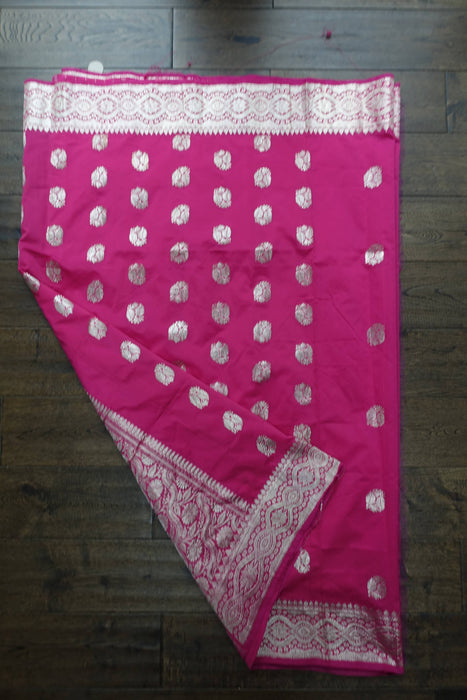 Bright Pink Silk Blend Banarsi Sari - New