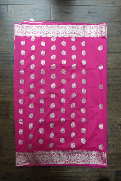 Bright Pink Silk Blend Banarsi Sari - New