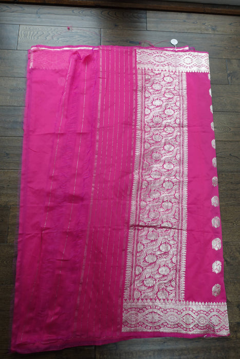 Bright Pink Silk Blend Banarsi Sari - New