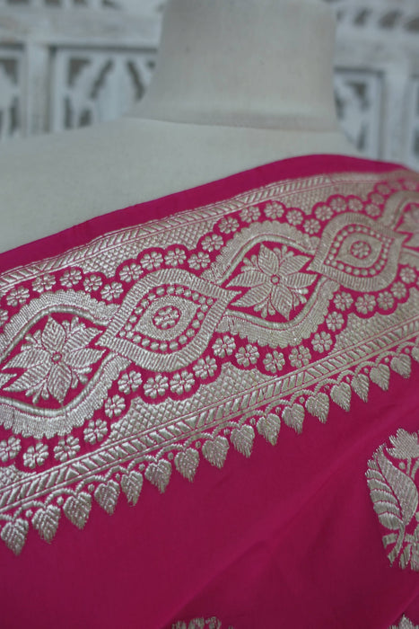 Bright Pink Silk Blend Banarsi Sari - New