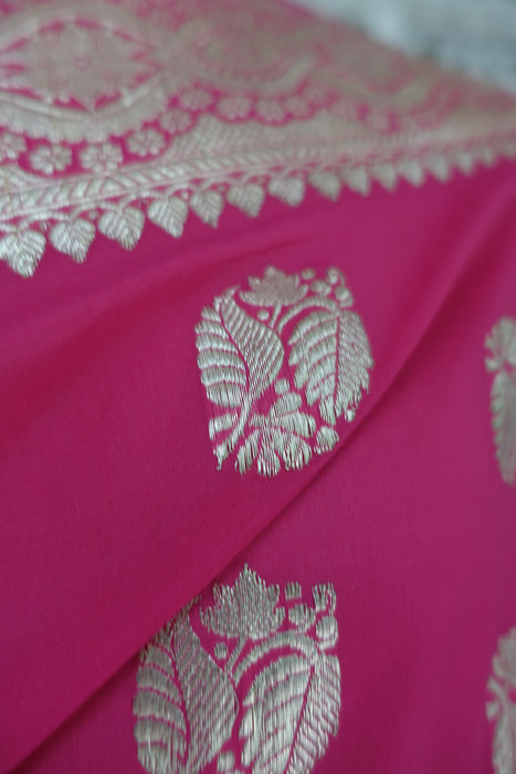 Bright Pink Silk Blend Banarsi Sari - New