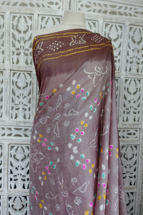 Caramel And Brown Bandhani Print Pure Silk Vintage Sari - Preloved