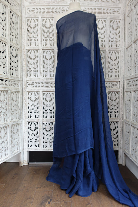 Navy Blue Vintage French Silk Chiffon Sari -Preloved