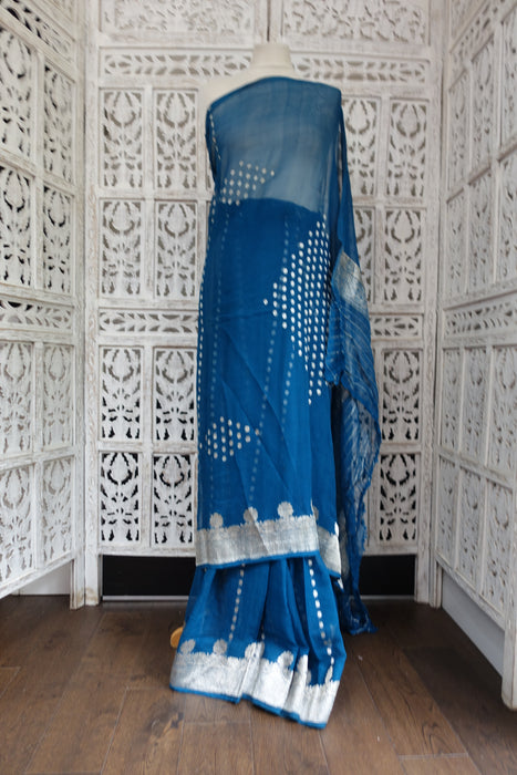 Blue Banarsi Silk Chiffon Sari - Preloved