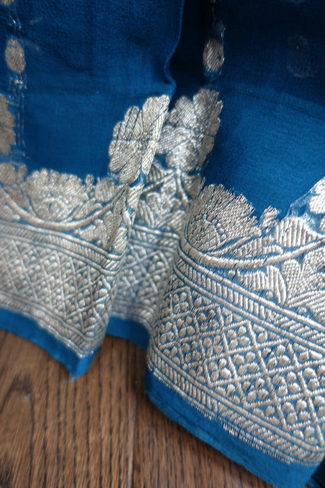 Blue Banarsi Silk Chiffon Sari - Preloved
