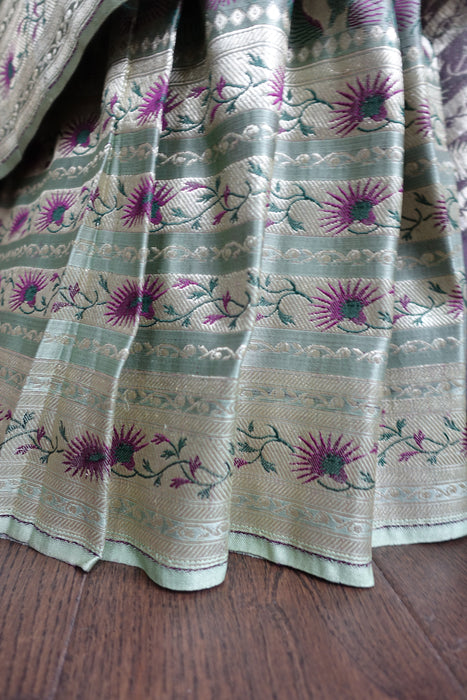 Sage Green Brocade Silk Sari With Blouse To Fit 36 Bust - New