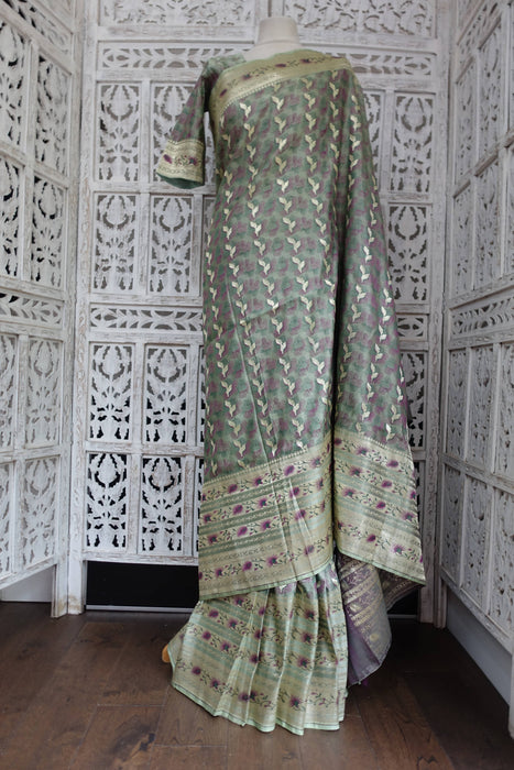 Sage Green Brocade Silk Sari With Blouse To Fit 36 Bust - New