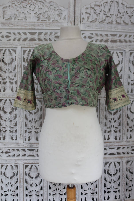 Sage Green Brocade Silk Sari With Blouse To Fit 36 Bust - New