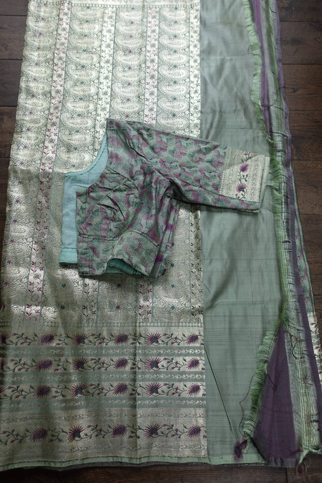 Sage Green Brocade Silk Sari With Blouse To Fit 36 Bust - New