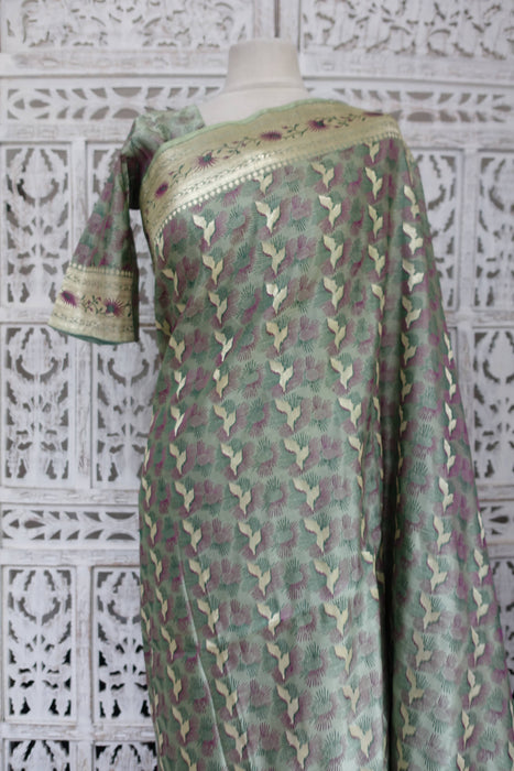 Sage Green Brocade Silk Sari With Blouse To Fit 36 Bust - New