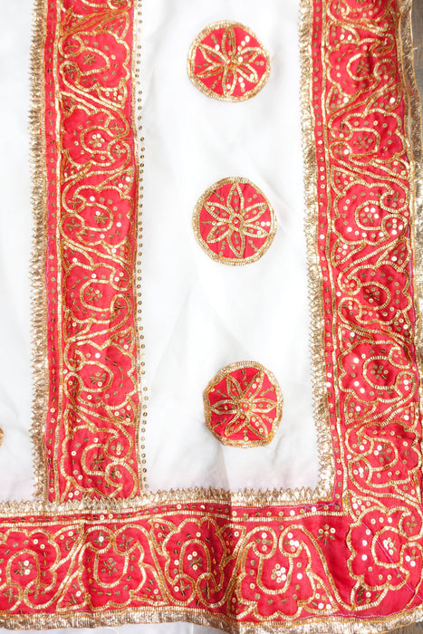 White Vintage Georgette Wedding Sari With Sikhya Work - Preloved