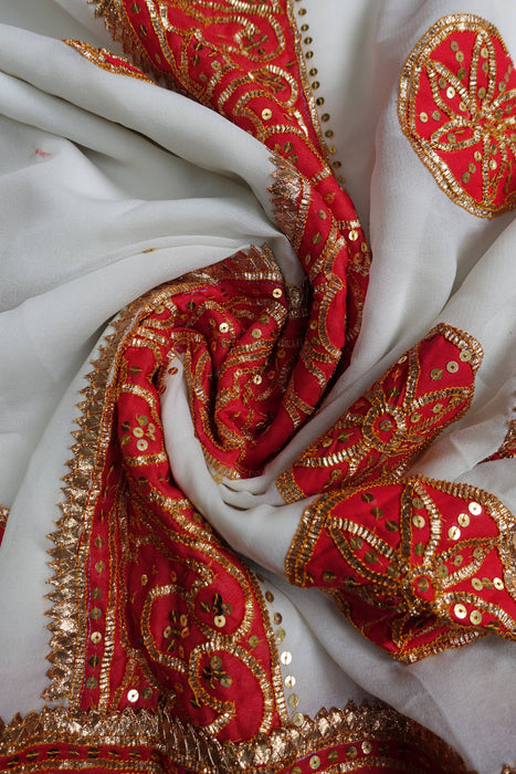 White Vintage Georgette Wedding Sari With Sikhya Work - Preloved