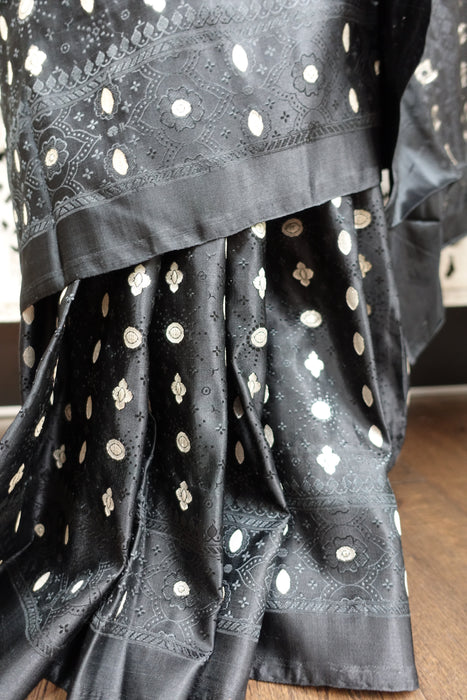Silver Grey And Black Brocade Vintage Silk Sari With Blouse - New