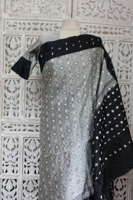 Silver Grey And Black Brocade Vintage Silk Sari With Blouse - New