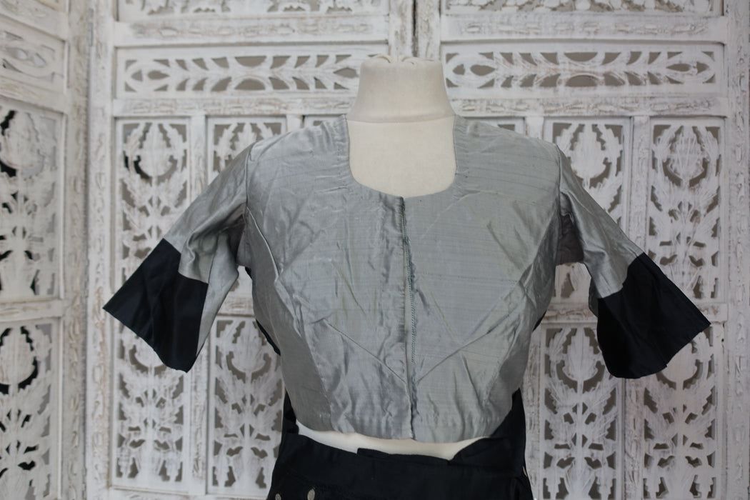 Silver Grey And Black Brocade Vintage Silk Sari With Blouse - New