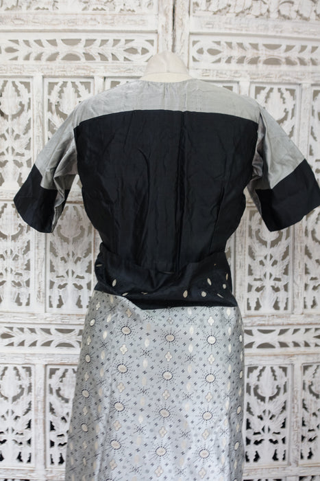 Silver Grey And Black Brocade Vintage Silk Sari With Blouse - New