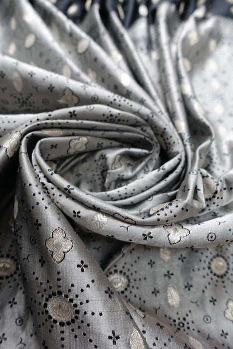 Silver Grey And Black Brocade Vintage Silk Sari With Blouse - New