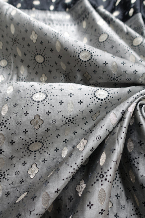 Silver Grey And Black Brocade Vintage Silk Sari With Blouse - New