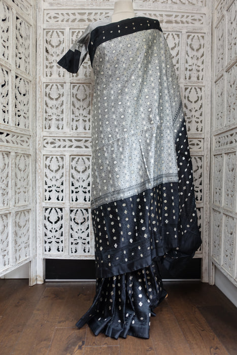 Silver Grey And Black Brocade Vintage Silk Sari With Blouse - New