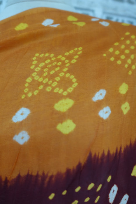Brown And Orange Silk Bandhani Print Sari - New